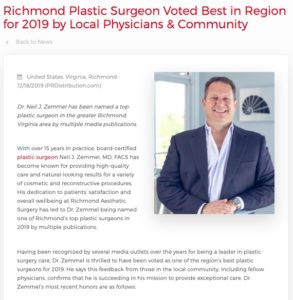 Dr. Neil Zemmel has received multiple awards naming him a best plastic surgeon in Richmond and Virginia for 2019.