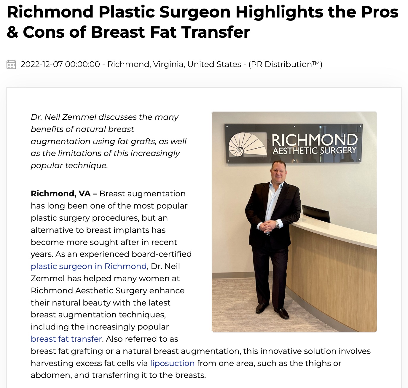 Richmond Plastic Surgeon Highlights the Pros & Cons of Breast Fat Transfer