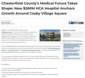 New $260M HCA hospital and Class A medical office in Virginia drive rapid healthcare growth in Chesterfield County.